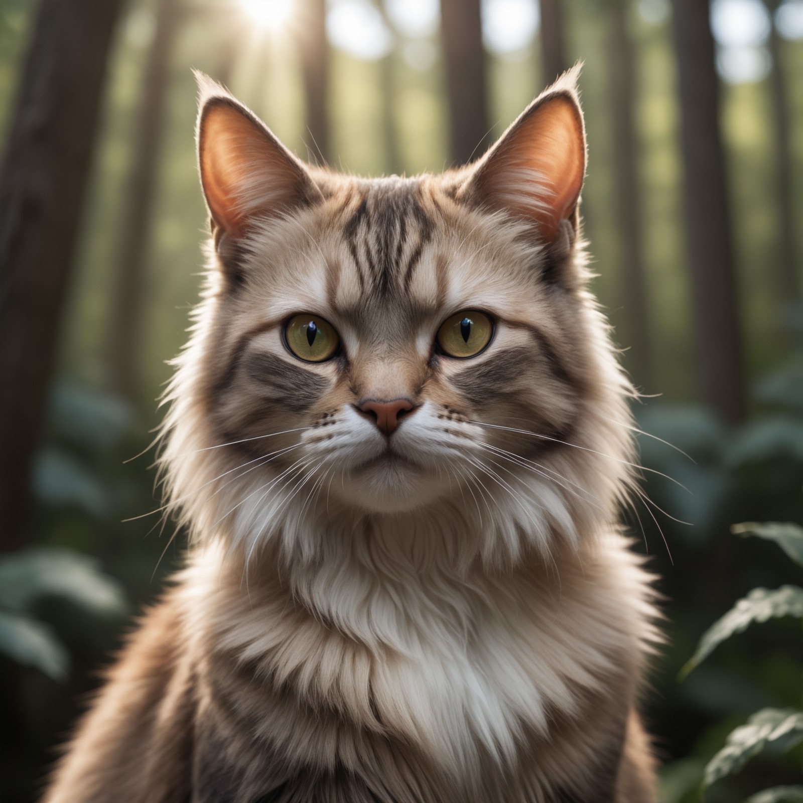 photo closeup of a cat  forest background, natural light